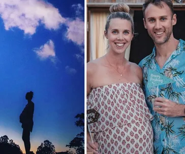Pregnant couple celebrates with baby-themed signs; silhouette of woman against a twilight sky.