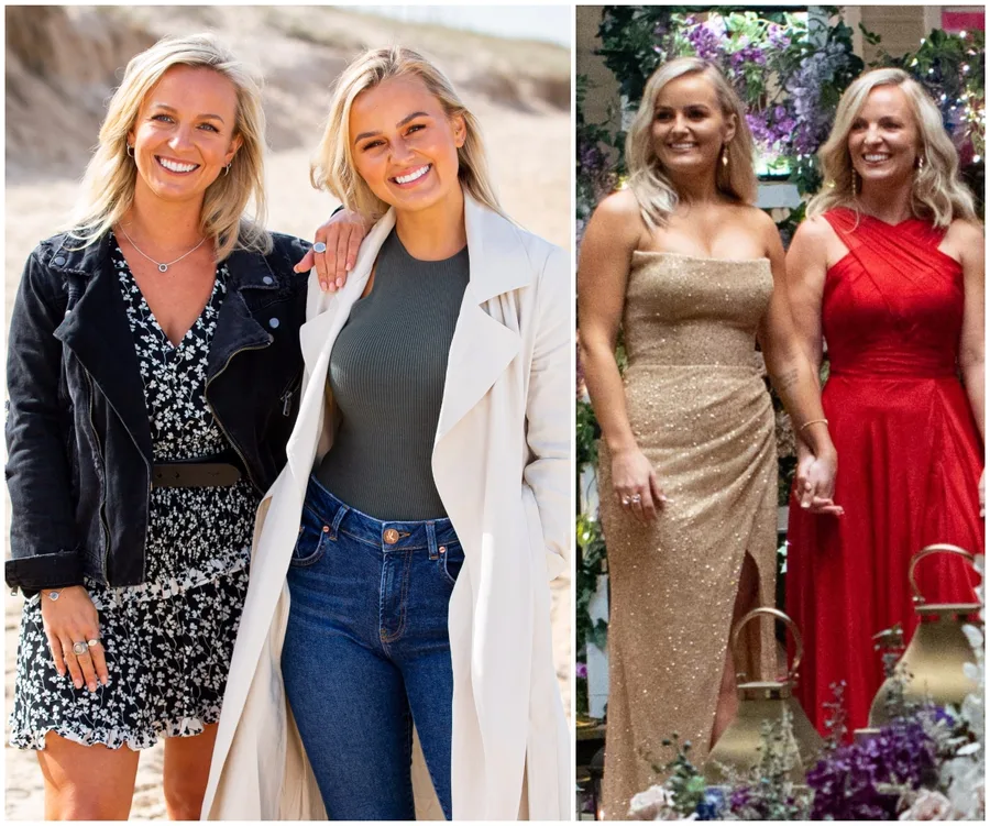 Two women on a beach in casual wear; the same women in formal dresses at an event.