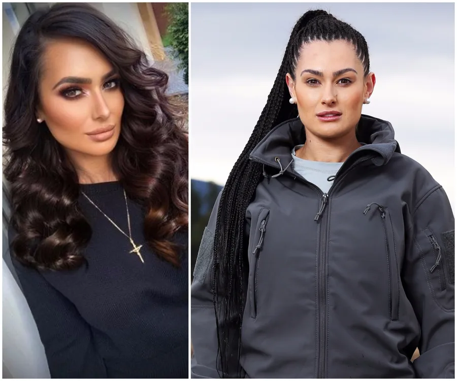 Two side-by-side photos of a woman, left in a black top with styled hair, right in outdoor gear with braided hair.