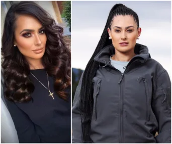 Two side-by-side photos of a woman, left in a black top with styled hair, right in outdoor gear with braided hair.