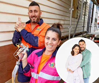 Couple in construction attire, smiling in front of a house with a spray gun, inset shows them in casual wear.