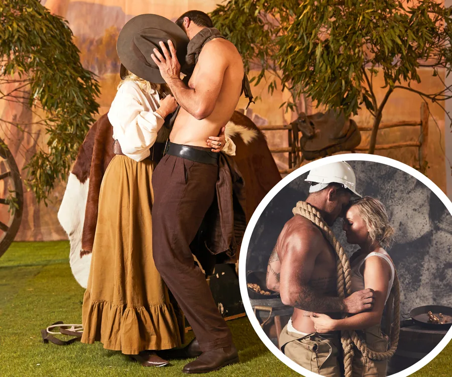 Couple in cowboy and construction worker costumes embrace in a themed photoshoot; outdoors and studio settings.