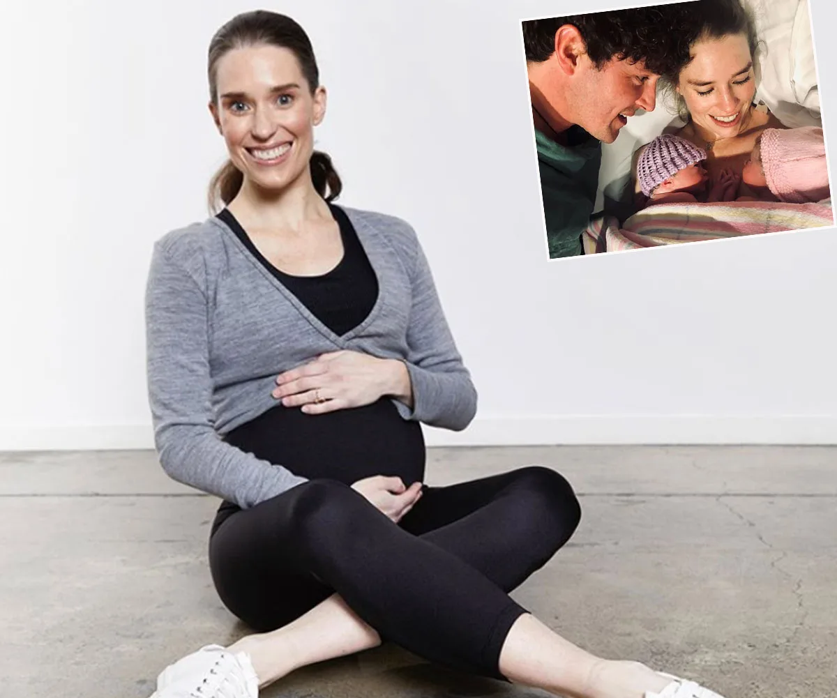 Pregnant woman sits smiling, cradling belly; inset: couple with newborn.