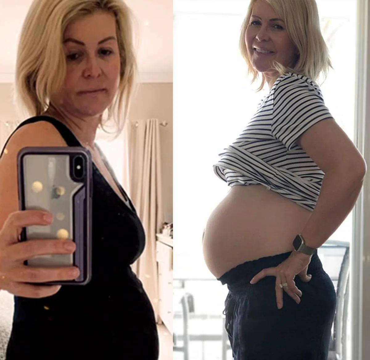 Pregnant woman in mirror selfie and side pose, showing baby bump in two different outfits.