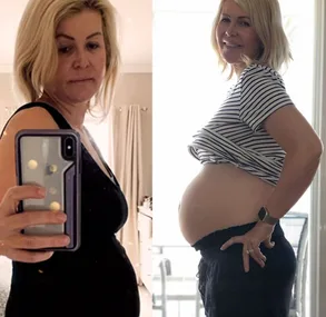 Pregnant woman in mirror selfie and side pose, showing baby bump in two different outfits.