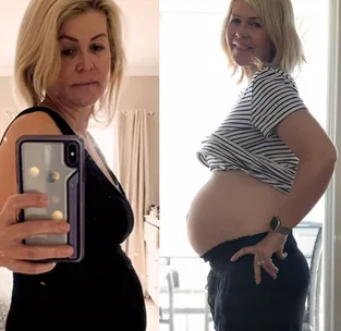 Pregnant woman in mirror selfie and side pose, showing baby bump in two different outfits.