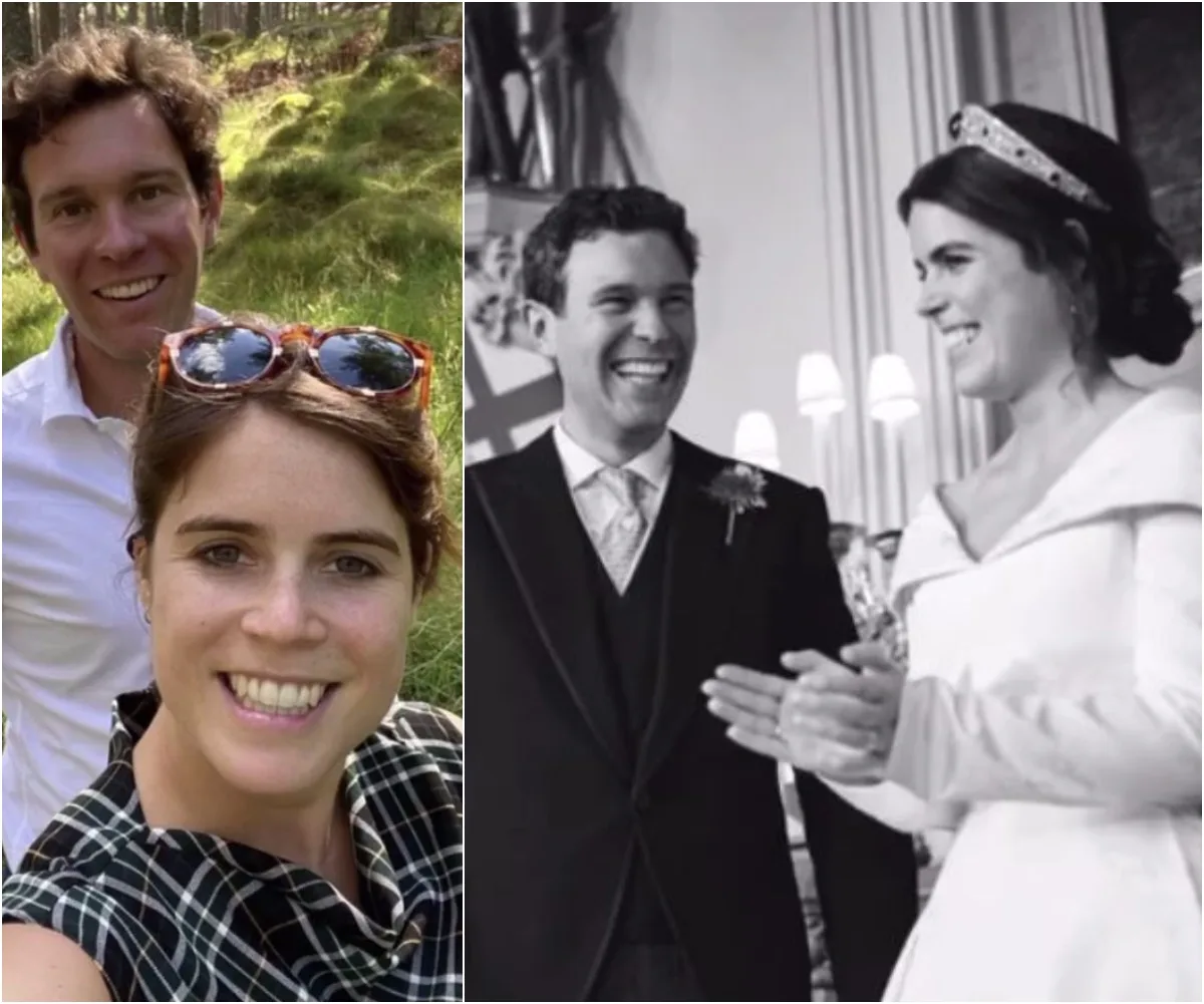 Couple smiling outdoors and in a black and white wedding photo, bride in gown with tiara, groom in suit.
