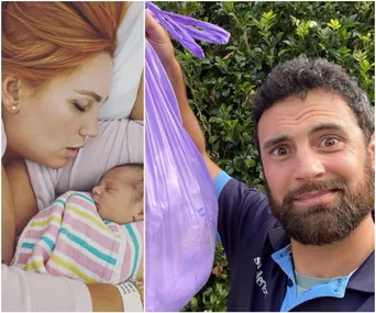 Left: Woman cuddling a sleeping baby swaddled in a striped blanket. Right: Man holding a purple garbage bag, smiling.