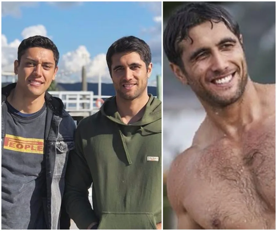 Two men smiling in casual clothes outdoors, and a shirtless man smiling on a beach.
