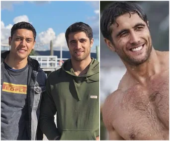 Two men smiling in casual clothes outdoors, and a shirtless man smiling on a beach.