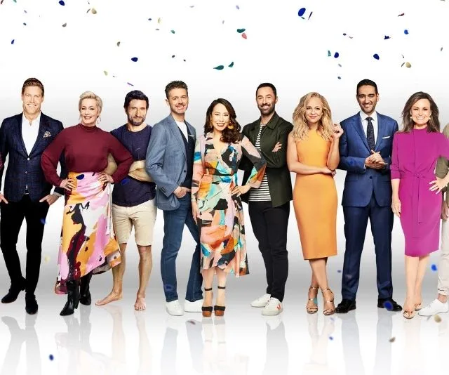 Channel Ten hosts stand in colorful outfits on a white backdrop with falling confetti, smiling at the camera.