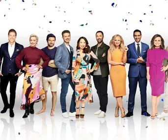 Channel Ten hosts stand in colorful outfits on a white backdrop with falling confetti, smiling at the camera.