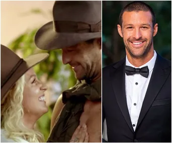 A man and a woman in cowboy hats smile at each other; the man also appears in a tuxedo.