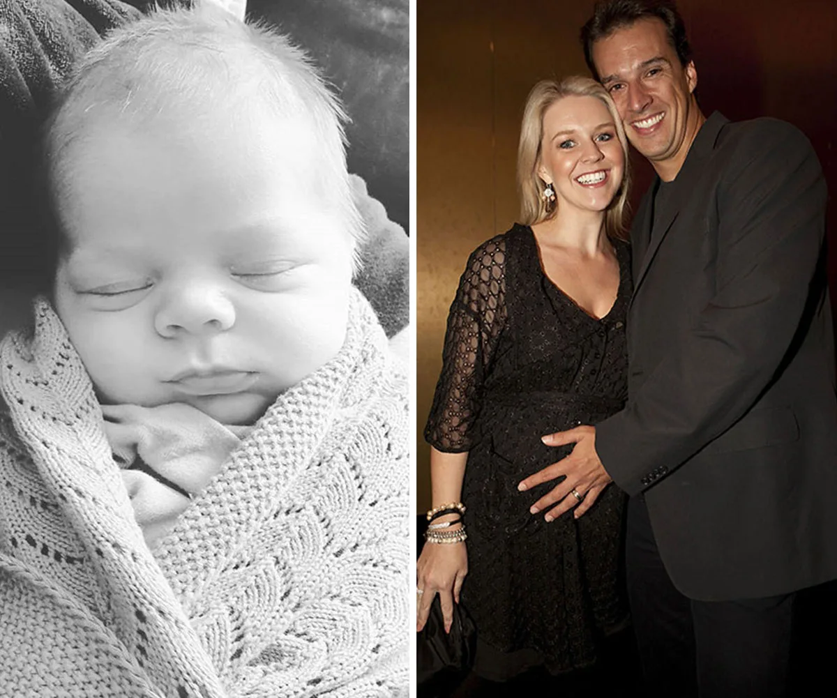 Newborn baby wrapped in a blanket; smiling couple beside each other in formal attire.