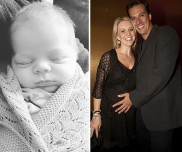 Newborn baby wrapped in a blanket; smiling couple beside each other in formal attire.