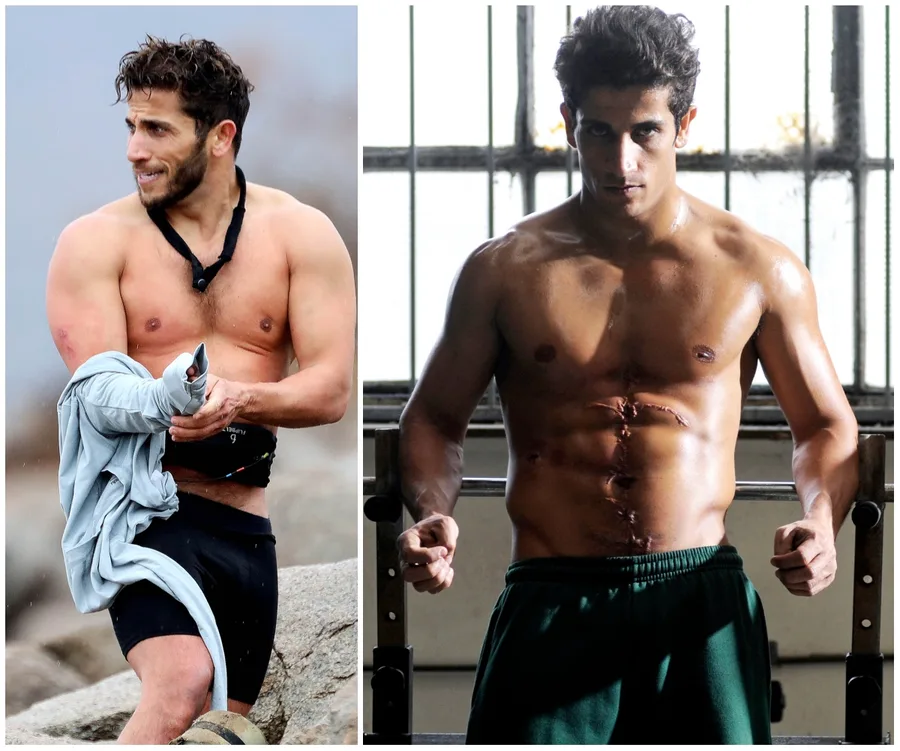 "Side-by-side images of a shirtless man after workout and dressed as a character with scars on his torso in a dramatic scene."