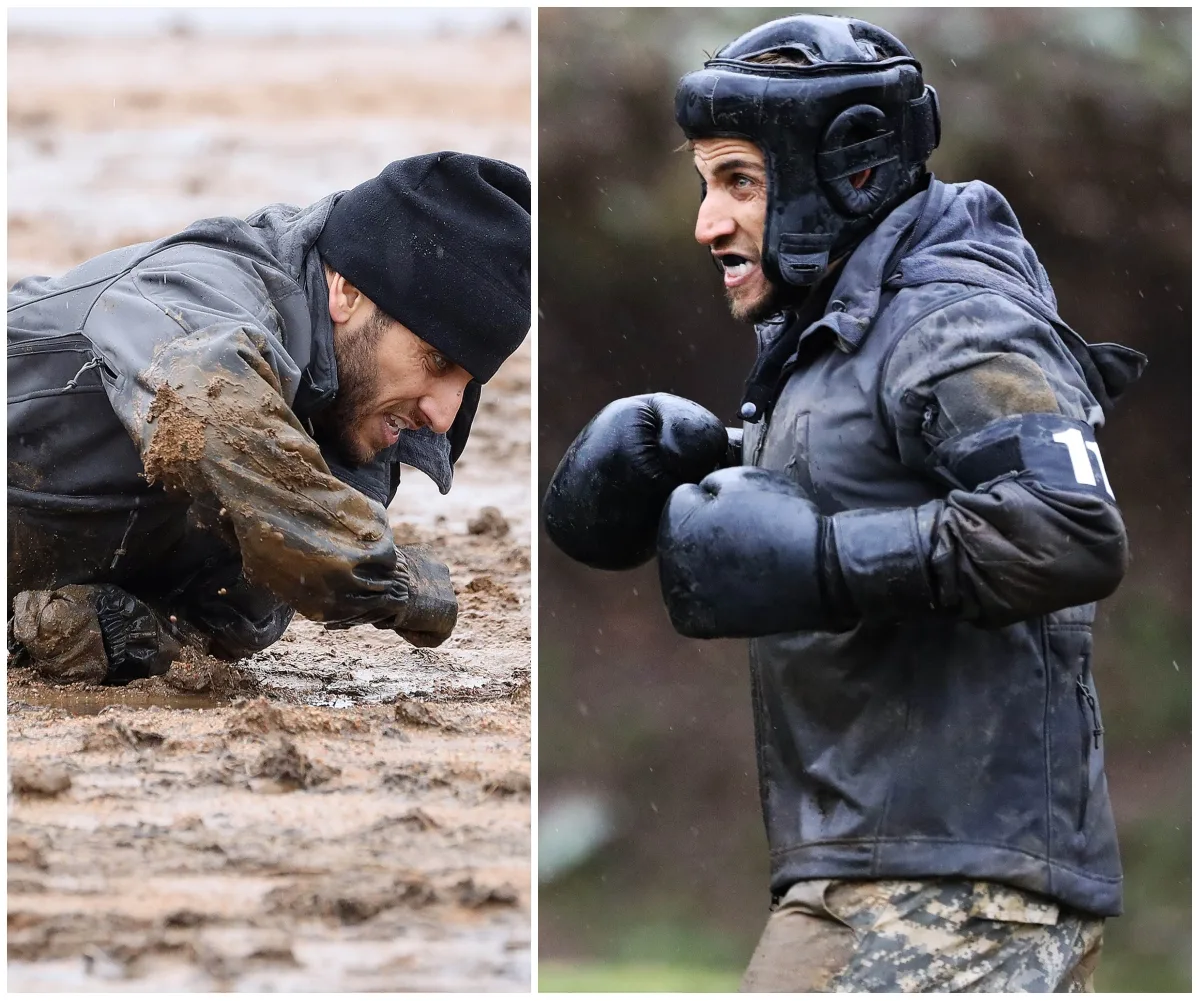 "Participant in muddy terrain and preparing to box with helmet and gloves on SAS Australia."