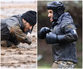 "Participant in muddy terrain and preparing to box with helmet and gloves on SAS Australia."