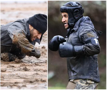 "Participant in muddy terrain and preparing to box with helmet and gloves on SAS Australia."
