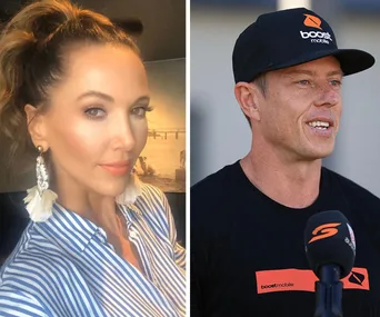 Two individuals side-by-side; one in striped shirt with earrings, the other in a cap with "Boost Mobile" logo speaking into microphone.