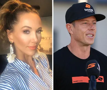 Two individuals side-by-side; one in striped shirt with earrings, the other in a cap with "Boost Mobile" logo speaking into microphone.