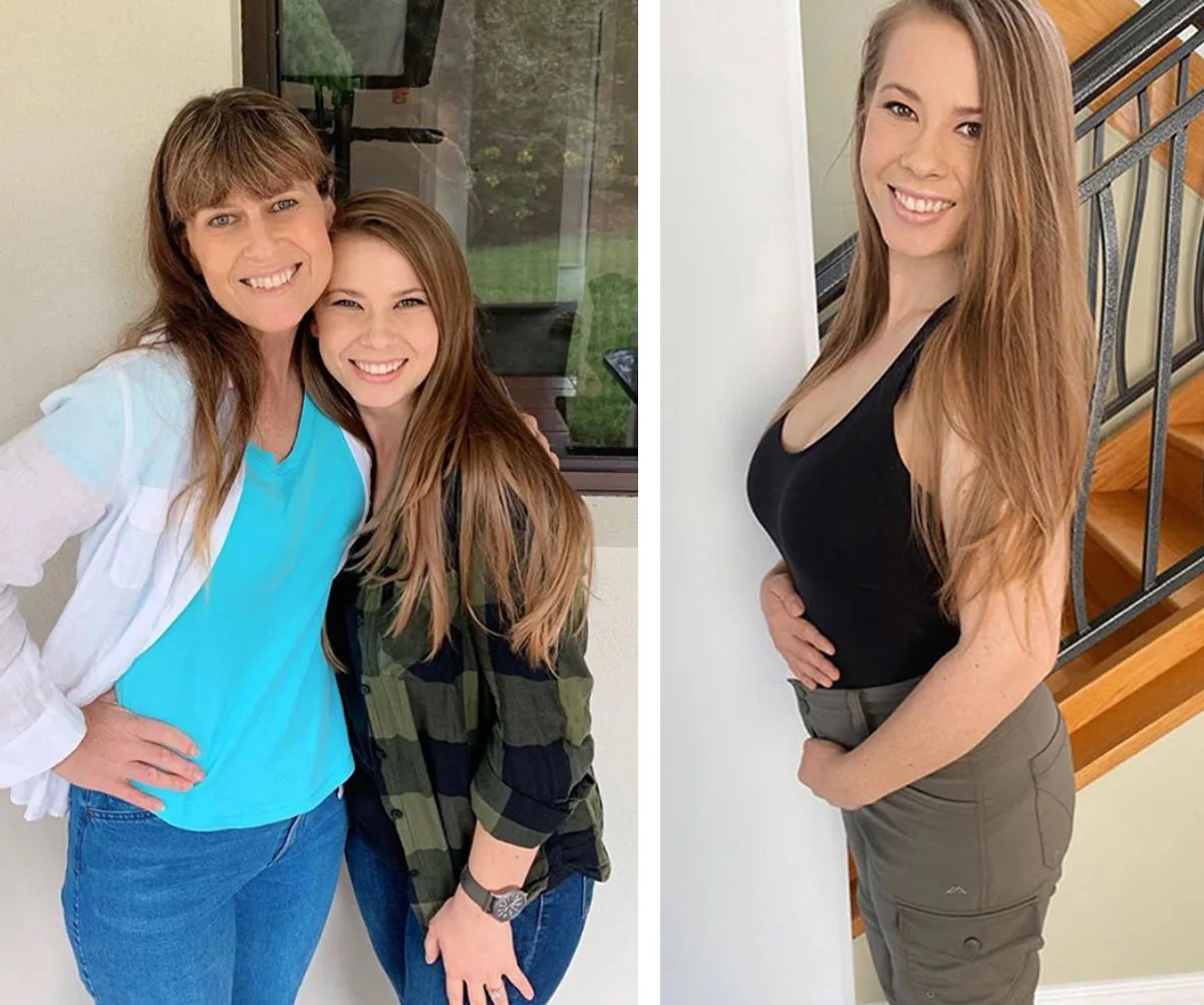 Two women smiling, one photo shows them embracing, and the other shows one woman posing by stairs in casual attire.