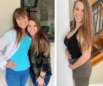 Two women smiling, one photo shows them embracing, and the other shows one woman posing by stairs in casual attire.