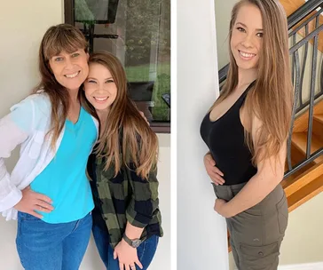 Two women smiling, one photo shows them embracing, and the other shows one woman posing by stairs in casual attire.
