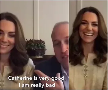 A couple smiling during a video call, with one gesturing towards the other while subtitles appear at the bottom.