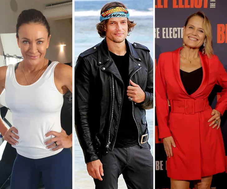 Three people from "Celebrity Apprentice Australia" 2021 cast, smiling, each posing in different outfits.