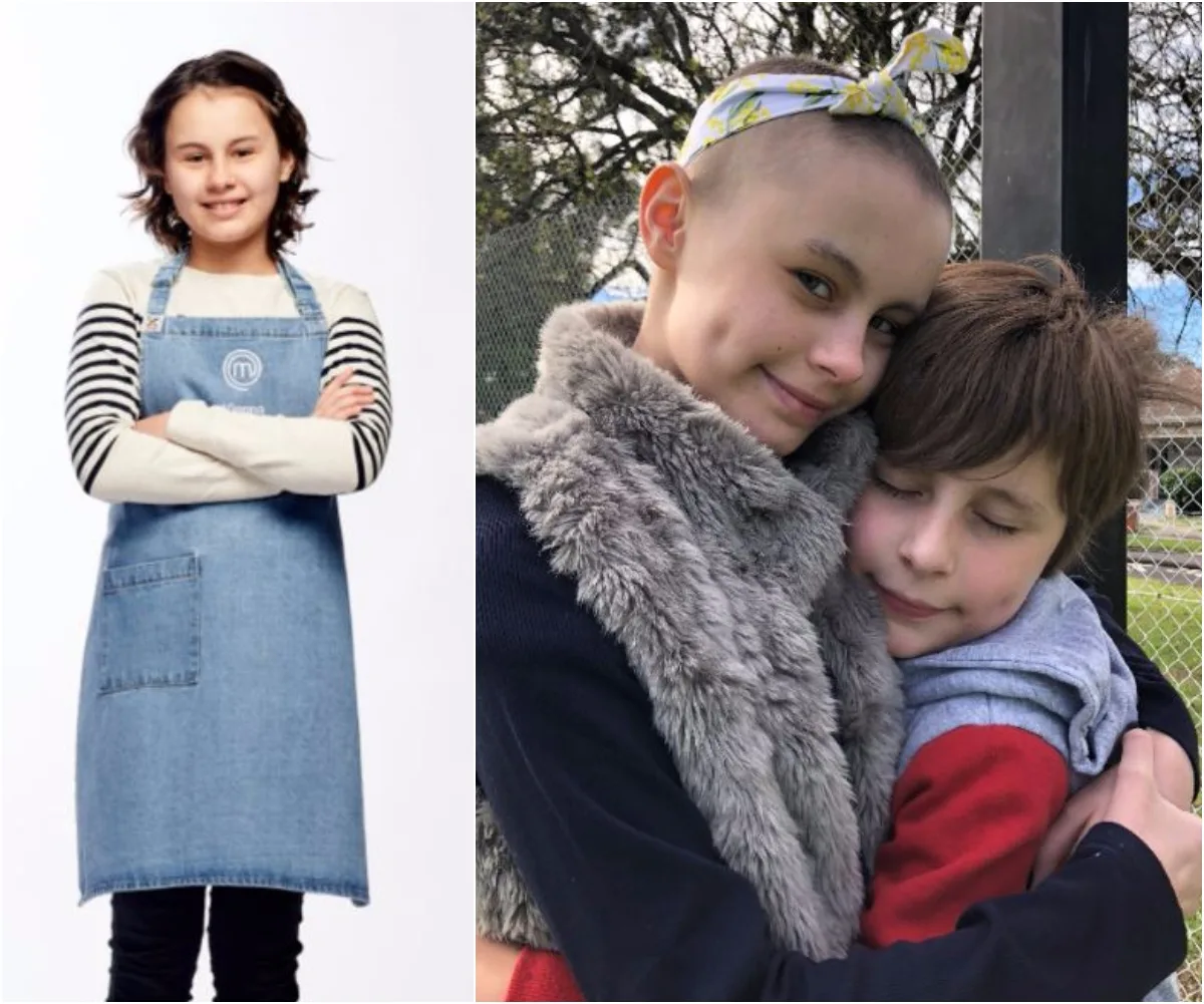 Young girl in a Masterchef apron smiles and another image of her hugging a young boy outdoors, both happy.