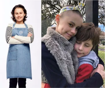 Young girl in a Masterchef apron smiles and another image of her hugging a young boy outdoors, both happy.