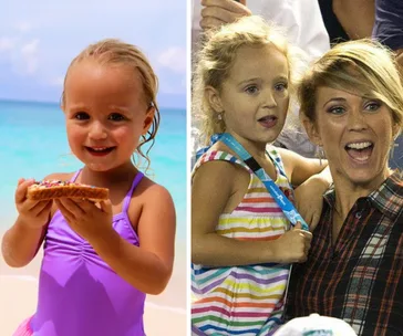 Young girl on beach with a donut and a child with a woman at a crowded event, both smiling brightly.