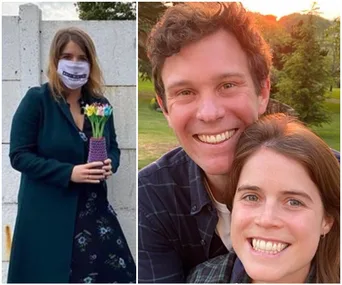 A woman holding flowers, wearing a mask; a couple smiling outdoors.