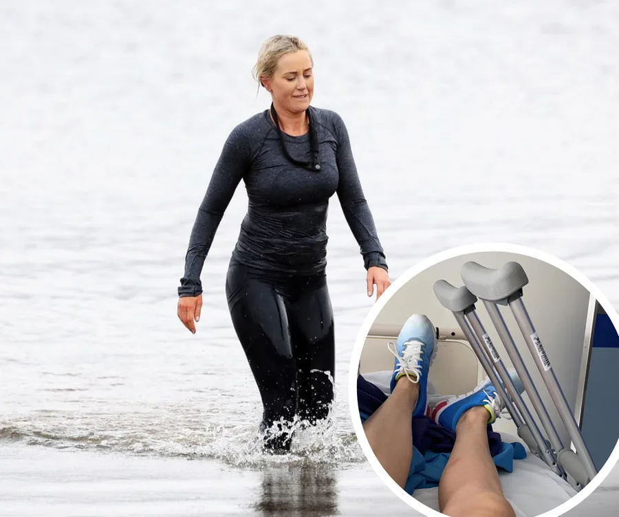 "Person in wet workout clothes walking through water; inset shows feet in hospital bed with crutches beside."