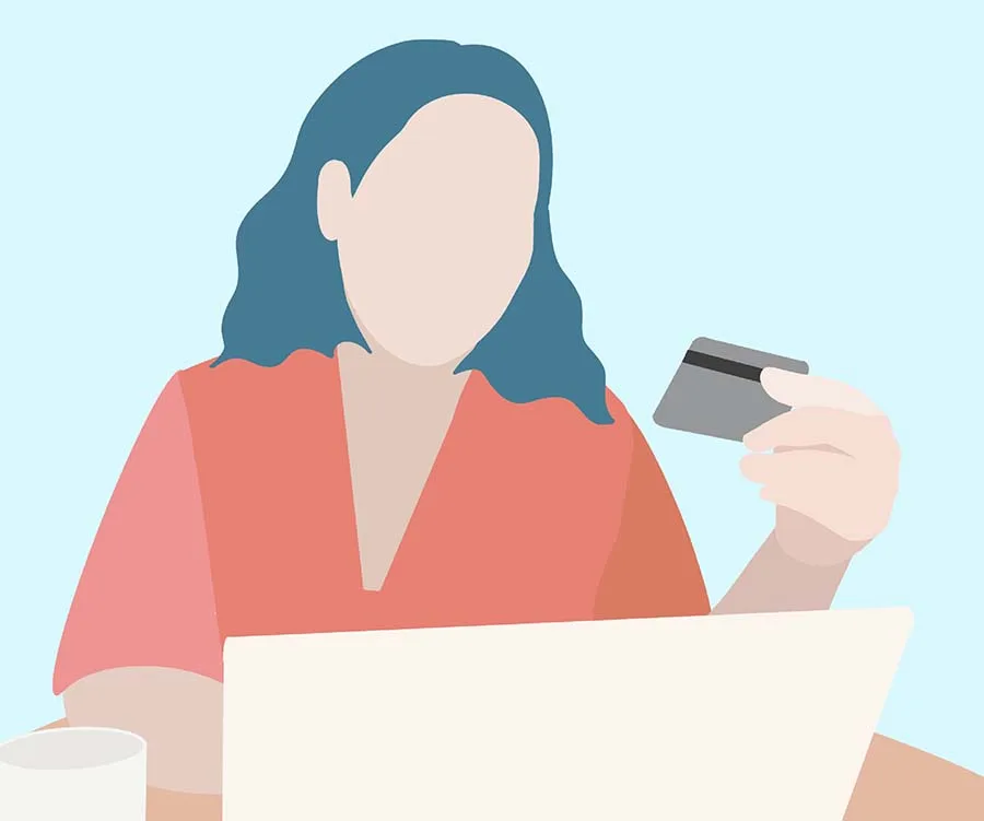 A faceless illustration of a person holding a credit card and using a laptop, symbolizing online shopping or finance.