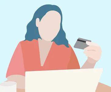 A faceless illustration of a person holding a credit card and using a laptop, symbolizing online shopping or finance.