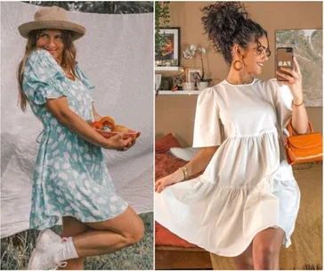 Women in casual summer dresses; one in a blue floral dress with a hat, the other in a white dress taking a mirror selfie.