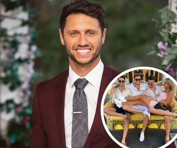 "Man in a maroon suit smiling, inset shows him with friends on a bench."