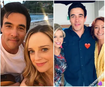 Two photos: Left - man and woman on a beach. Right - man with two women indoors, one with heart emoji on shirt.