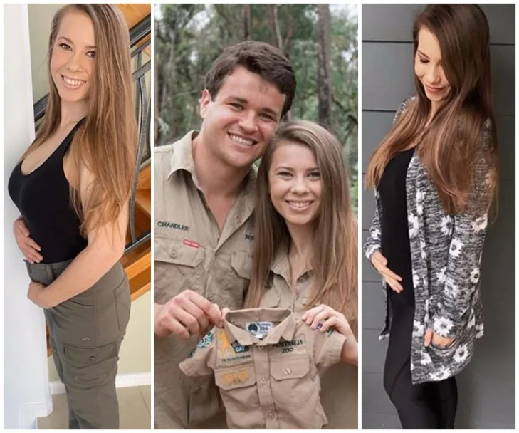 Pregnant woman smiling, couple holding baby outfit, and woman cradling baby bump.