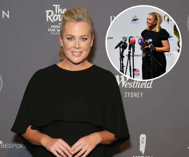 Sam Armytage in a black dress at a Westfield Sydney event; inset shows her speaking at a press conference with microphones.