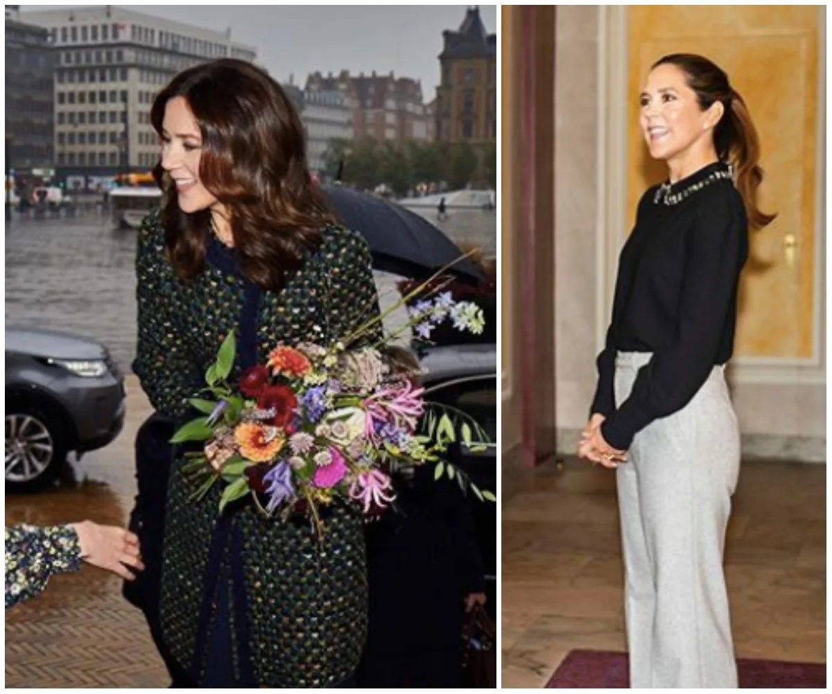 Princess Mary attending events; on left with a bouquet, dressed in a patterned coat, on right in black top and gray pants indoors.