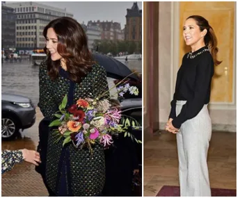Princess Mary attending events; on left with a bouquet, dressed in a patterned coat, on right in black top and gray pants indoors.