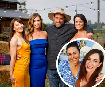 A group of people smiling, outdoors, with one person in a hat; inset photo shows two women smiling.