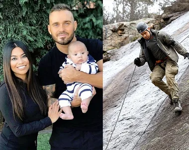 A family photo with a couple holding a baby on the left, and a man rock climbing on the right.