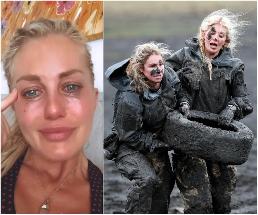 Crying woman in close-up; two muddy women carrying a heavy tire on "SAS Australia" challenge.
