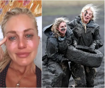 Crying woman in close-up; two muddy women carrying a heavy tire on "SAS Australia" challenge.