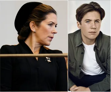 Two individuals side by side; on the left, a woman in profile wearing a black outfit, on the right a young man in a casual jacket.
