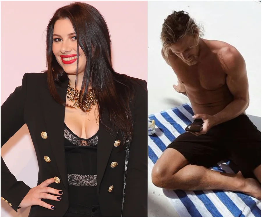Jett Kenny shirtless on a beach towel and Francesca Packer in a black outfit with red lipstick, side by side.